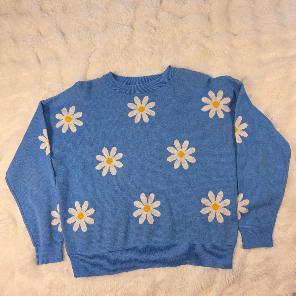 Nikka K Daisy Sweater Womens L Blue Floral Crewneck Excellent Cotton Blend Knit
